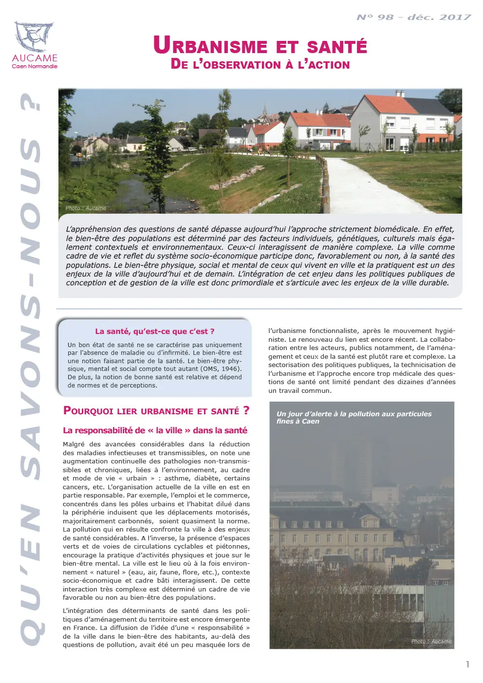 QSN #98 : Urbanisme et santé : de l'observation à l'action