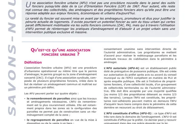 QSN #92 : Association foncière urbaine, un outil foncier à destination des territoires