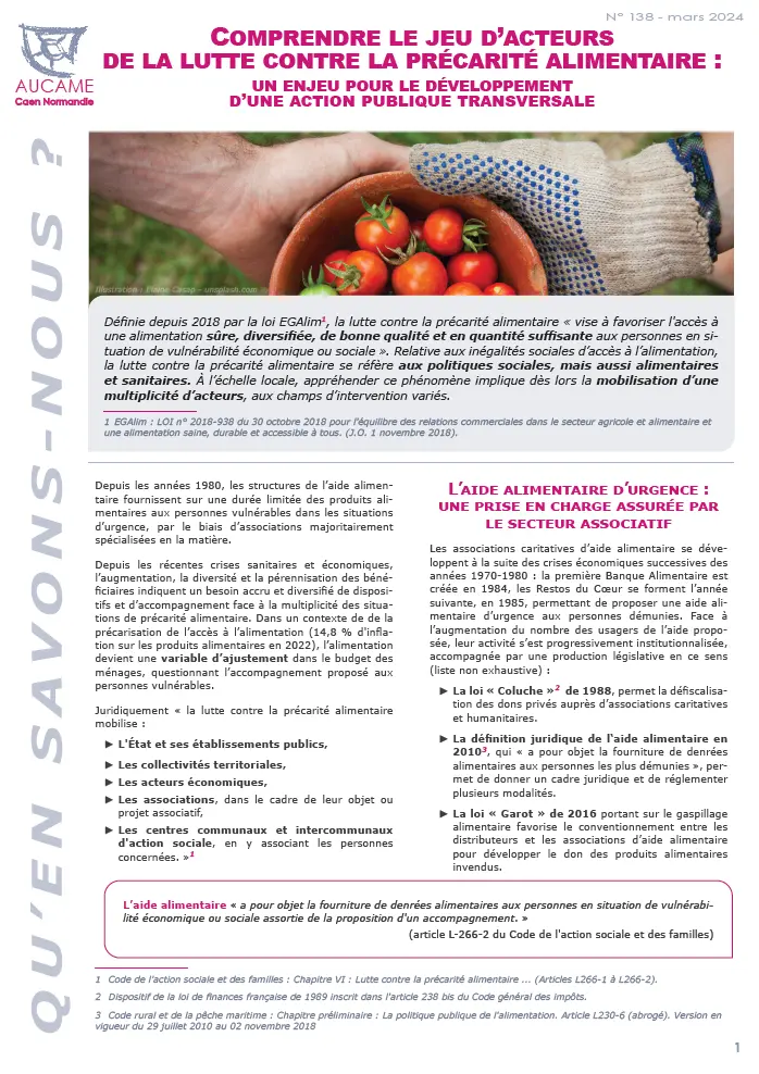 QSN # 138 - Comprendre le jeu d’acteurs  de la lutte contre la précarité alimentaire