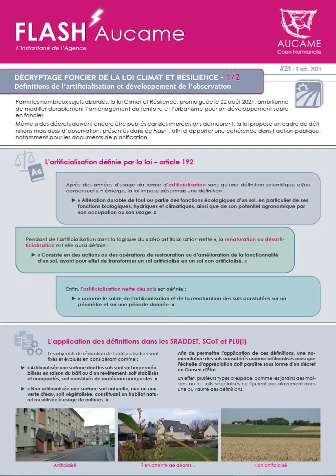 Flash' # 21 - Décryptage foncier de la loi climat et résilience - 1/2 : Définitions de l’artificialisation et développement de l’observation 